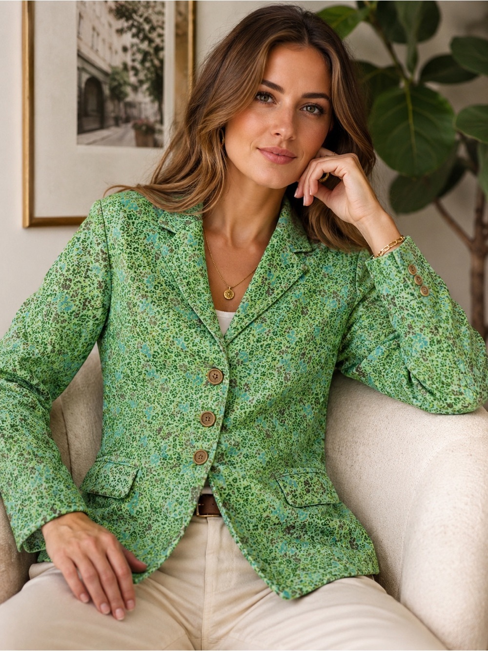 Eddie Bauer Vtg 90s Green Floral Corduroy Blazer Jacket 10 Cotton Cottagecore